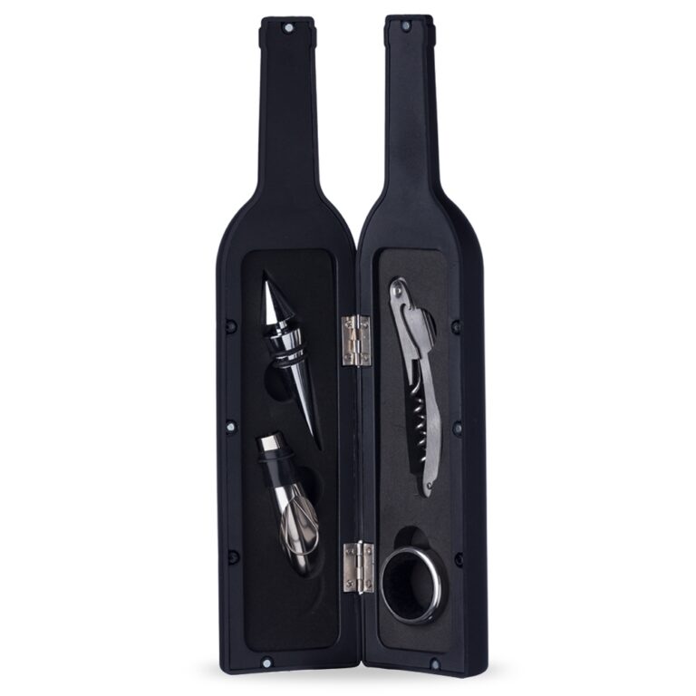 KIT VINHO PLÁSTICO RESISTENTE 4 PEÇAS FORMATO GARRAFA - PRETO